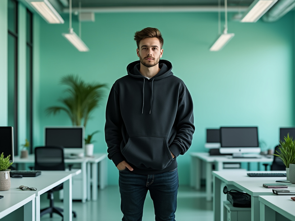 man standing in the middle of an open concept office - staring at the camera - mint green