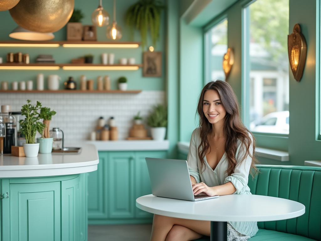 woman sitting at a table in a trendy cafe working on a laptop